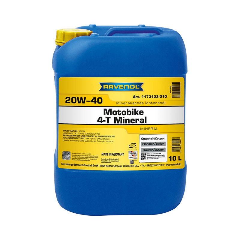 Моторное масло RAVENOL Motobike 4-T Mineral SAE 20W-40 (10л) фото 1